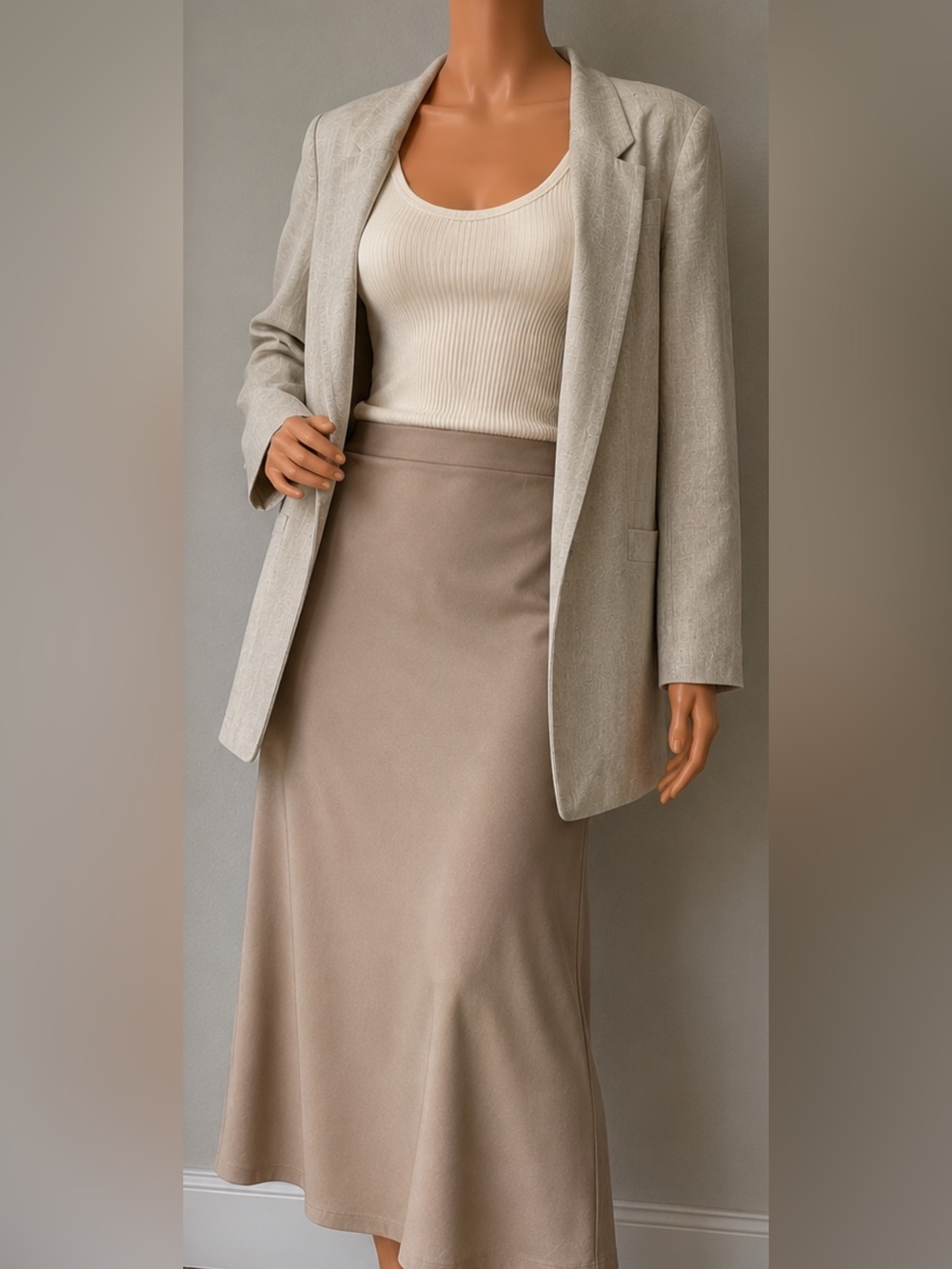 ZARA Basic Beige Linen Look Open Front Long Blazer Jacket Women’s Size M